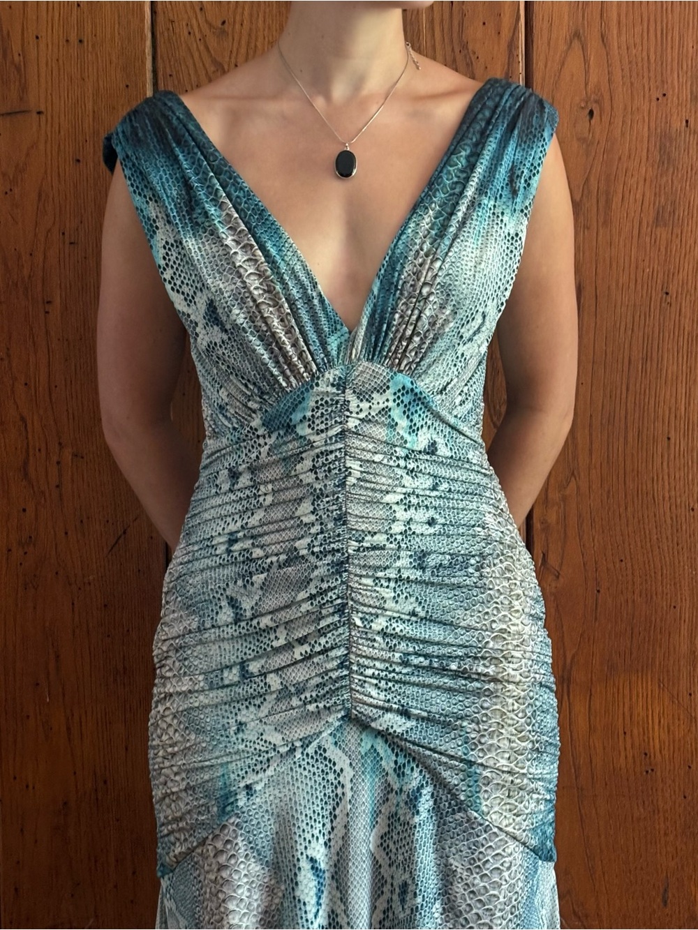 Roberto Cavalli Blue and Teal Snake-Print Evening Dress - Picture 9 of 11